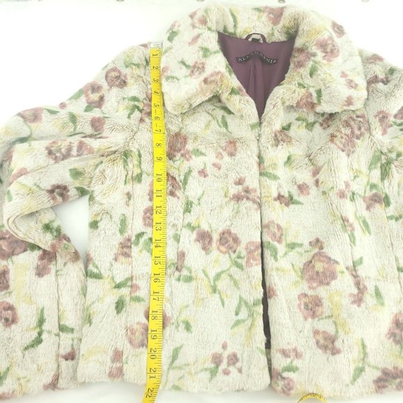 Allan Denis Womens White Floral Collared Long Sleeve Faux Fur Jacket Size M - Picture 12 of 15
